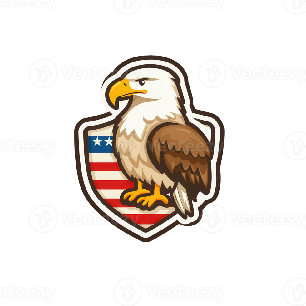 A stylized illustration of a bald eagle perched on a shield adorned with the American flag, showcasing national pride and symbolism. png