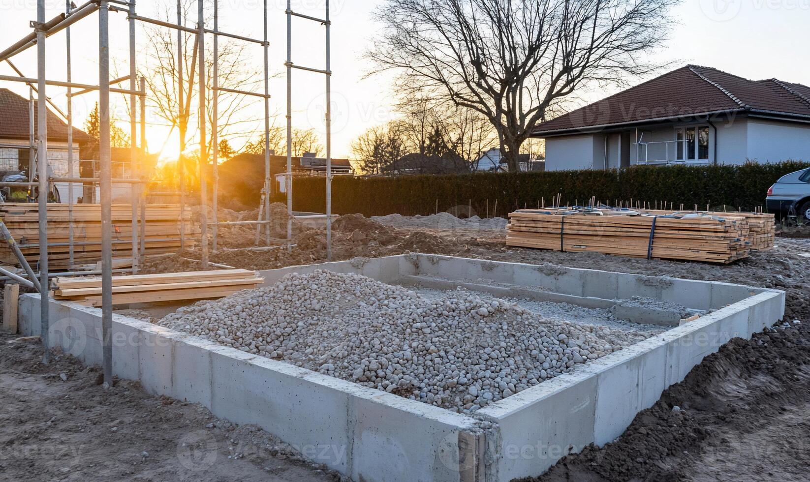 A concrete foundation is being built in front of a house photo