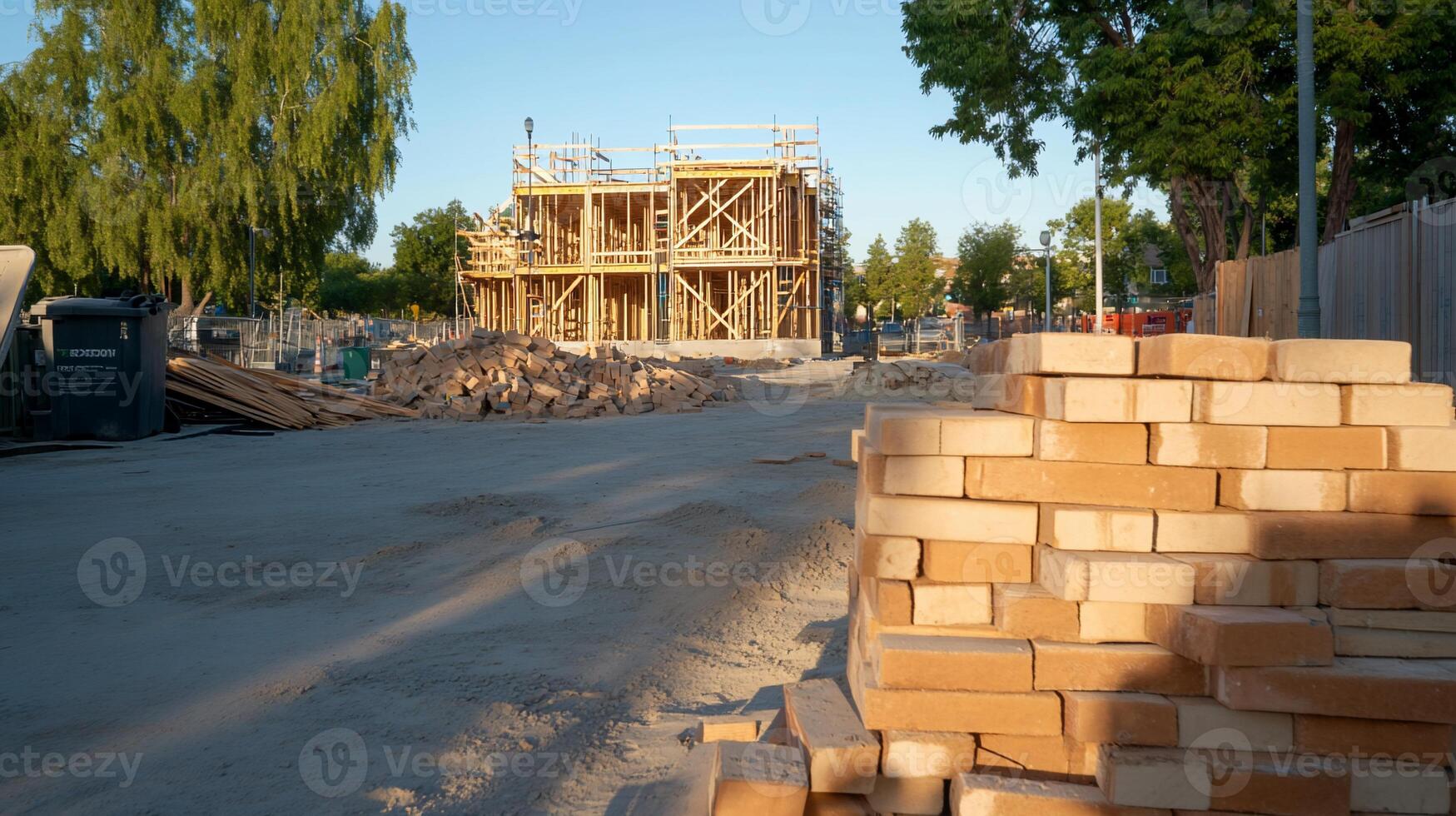 A pile of bricks in front of a building under construction photo