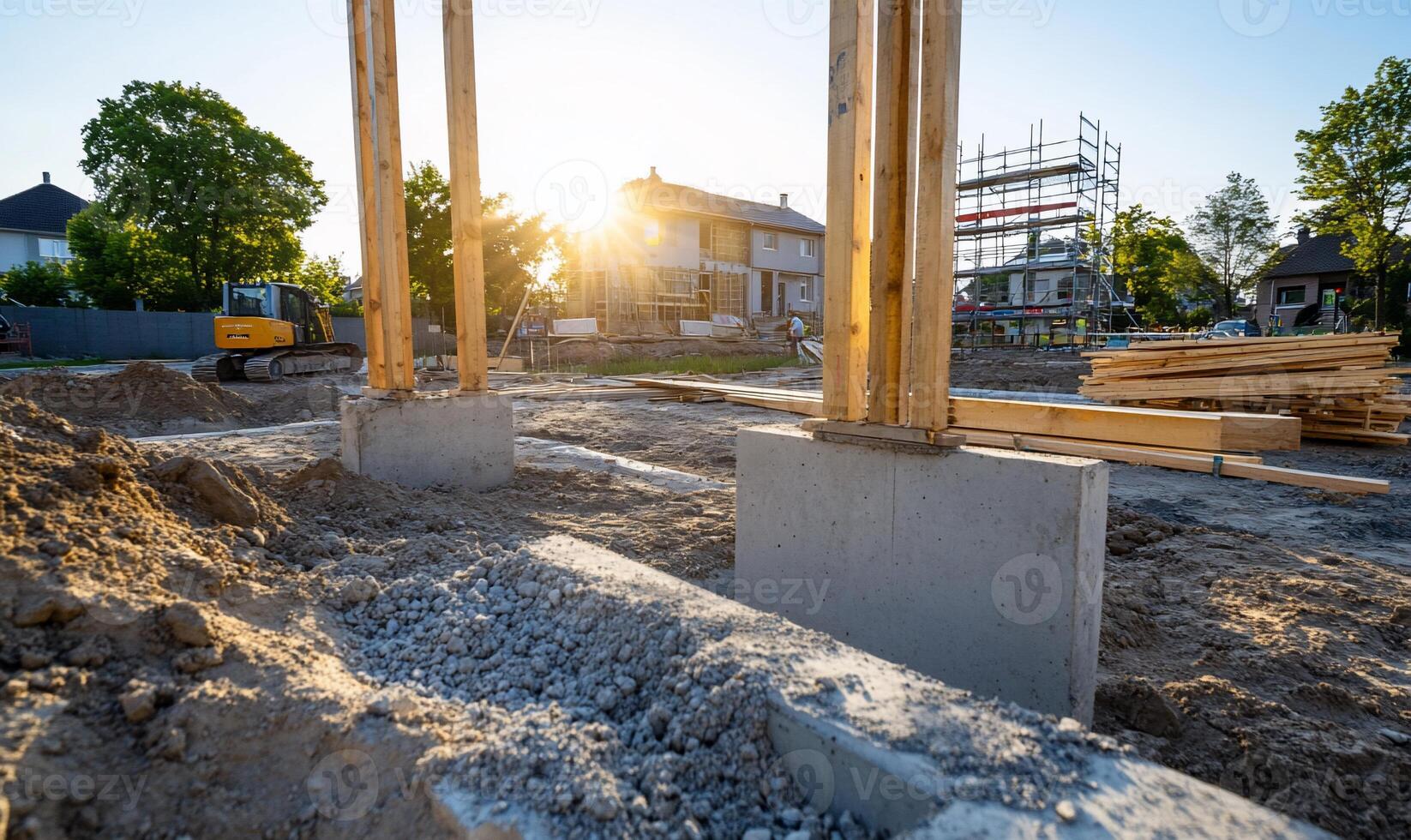 Construction site with concrete pillars and construction equipment photo