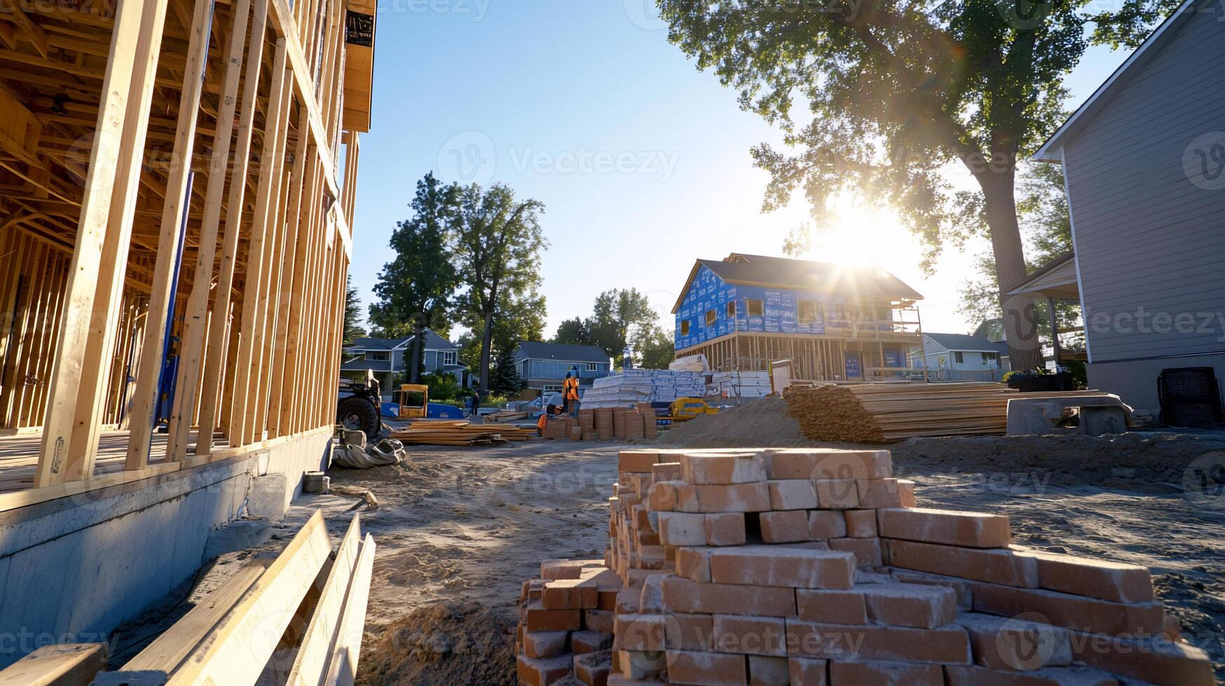 A construction site with a pile of bricks photo