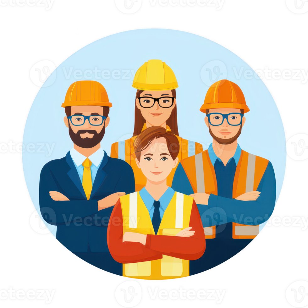 A team of four diverse construction workers standing confidently, showcasing teamwork and professionalism in the construction industry. png