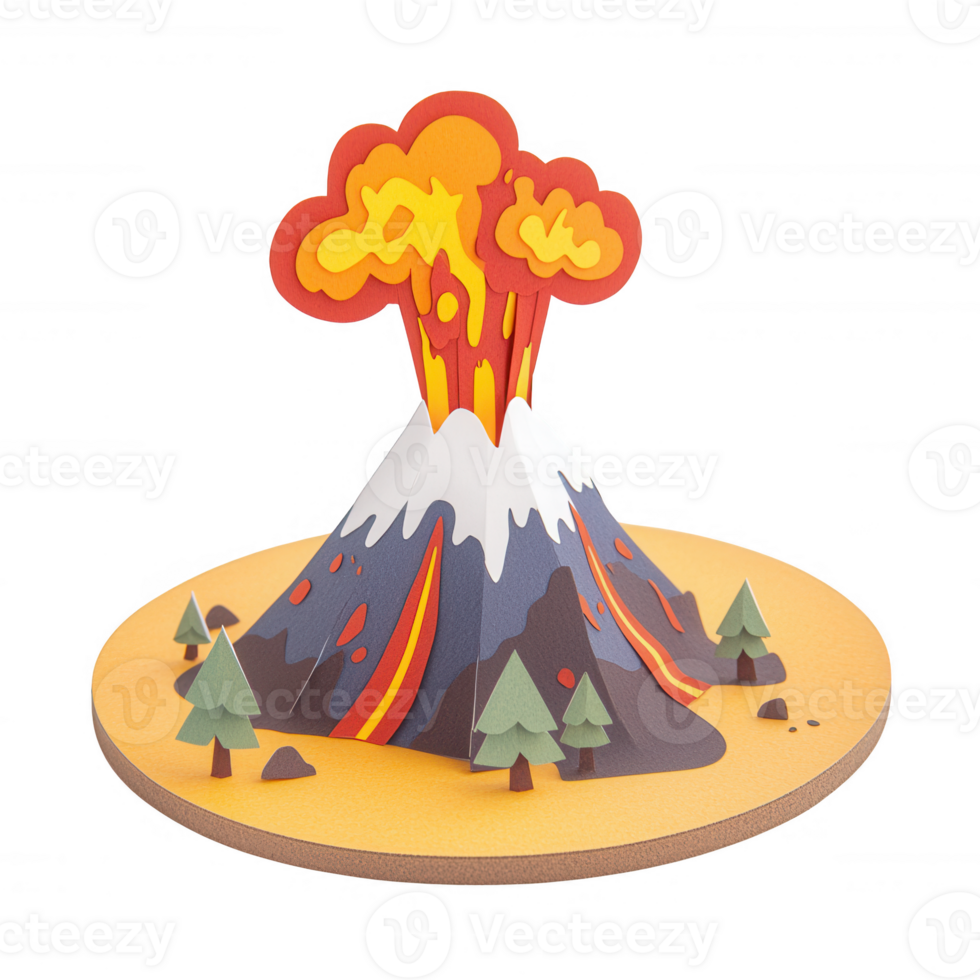 A stylized volcano erupting with vibrant lava and smoke, surrounded by miniature pine trees. Ideal for educational purposes and environmental themes. png