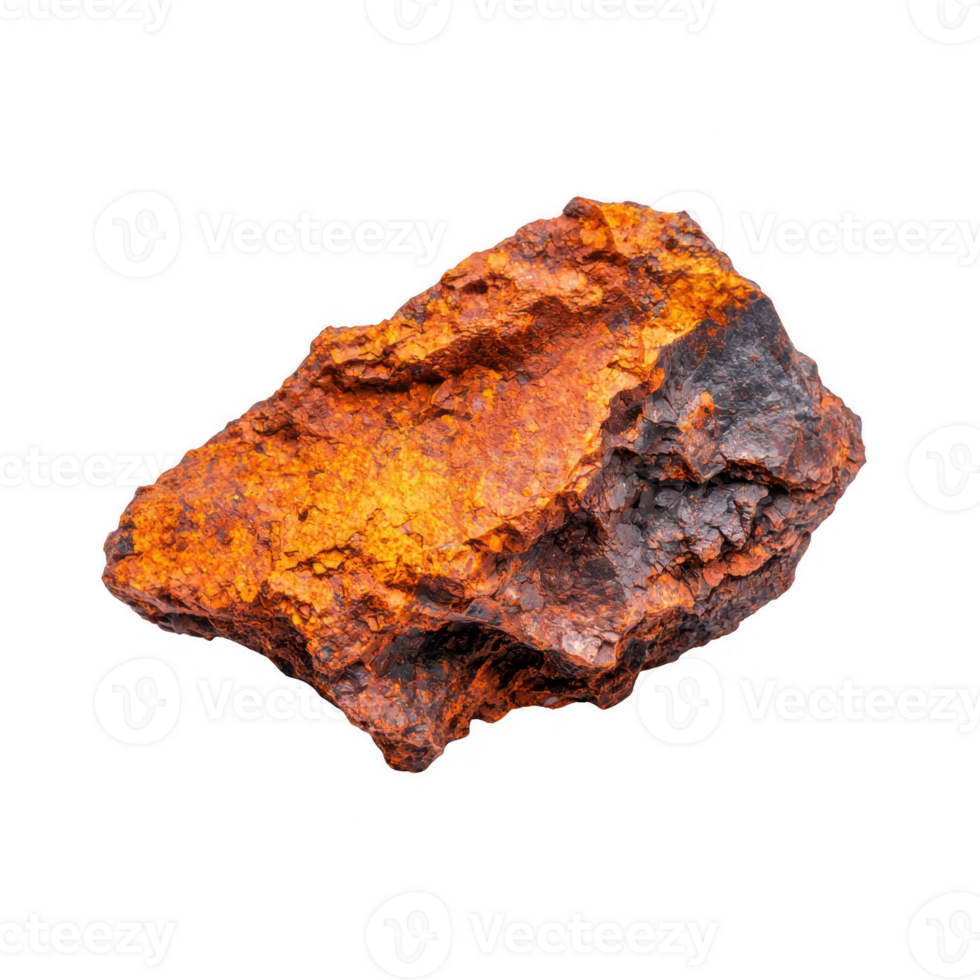 A textured rock with a rich, reddish-brown hue, showcasing natural weathering and mineral deposits, isolated on a white background, ideal for geological and educational purposes. png