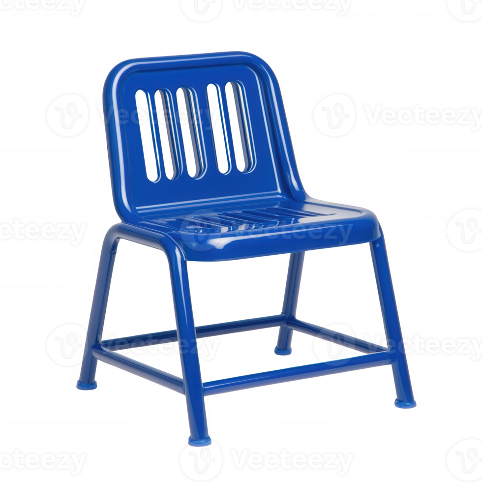 A vibrant blue chair made of metal, featuring a comfortable design with slats for ventilation. Perfect for children's spaces or modern decor. Isolated on a white background. png