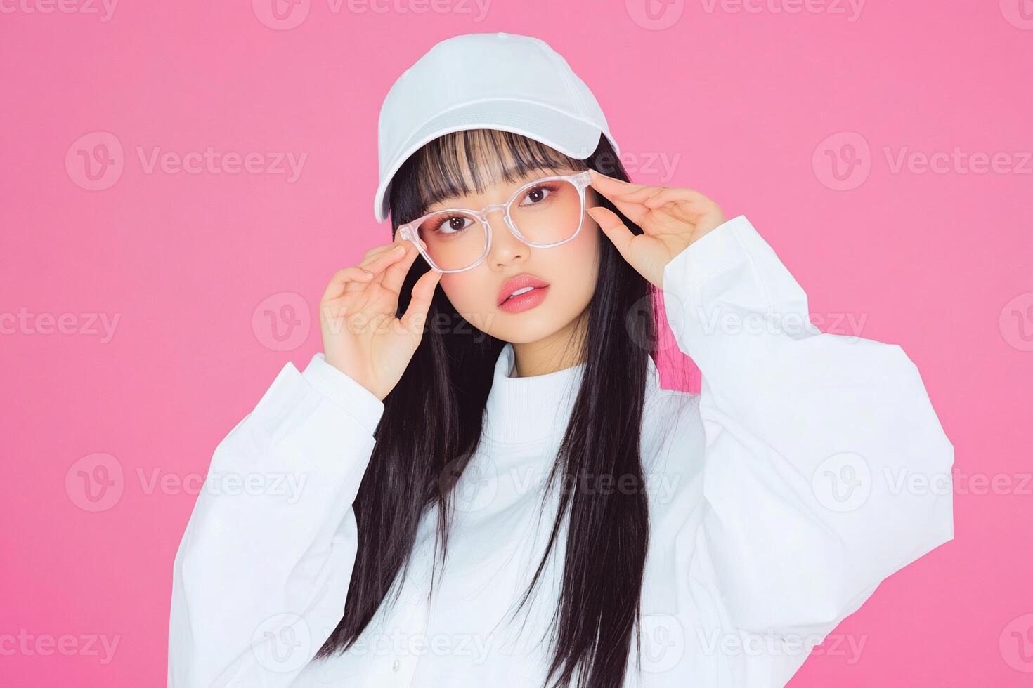 A young woman wearing glasses and a white cap photo