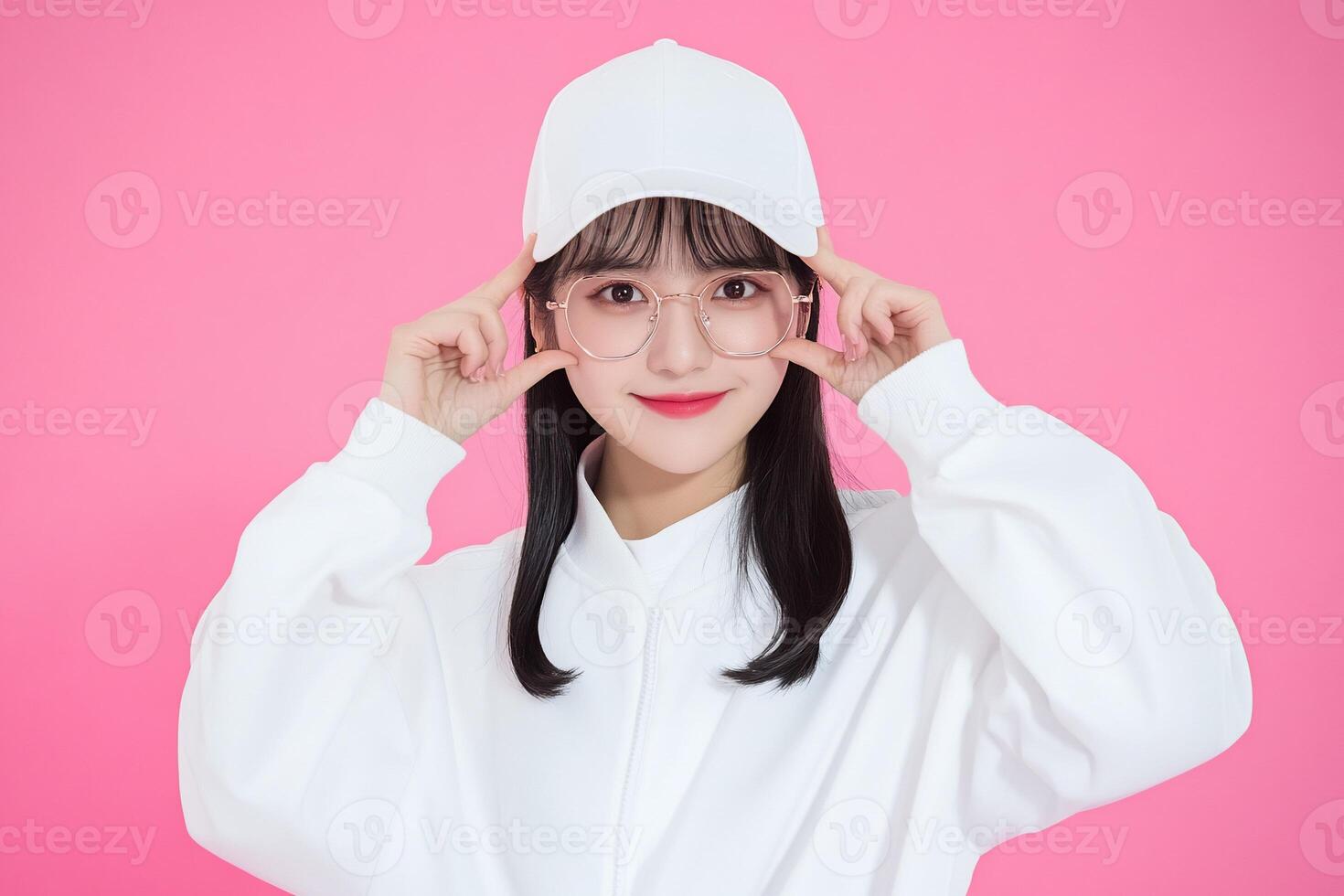 Asian woman wearing glasses and hat on pink background photo