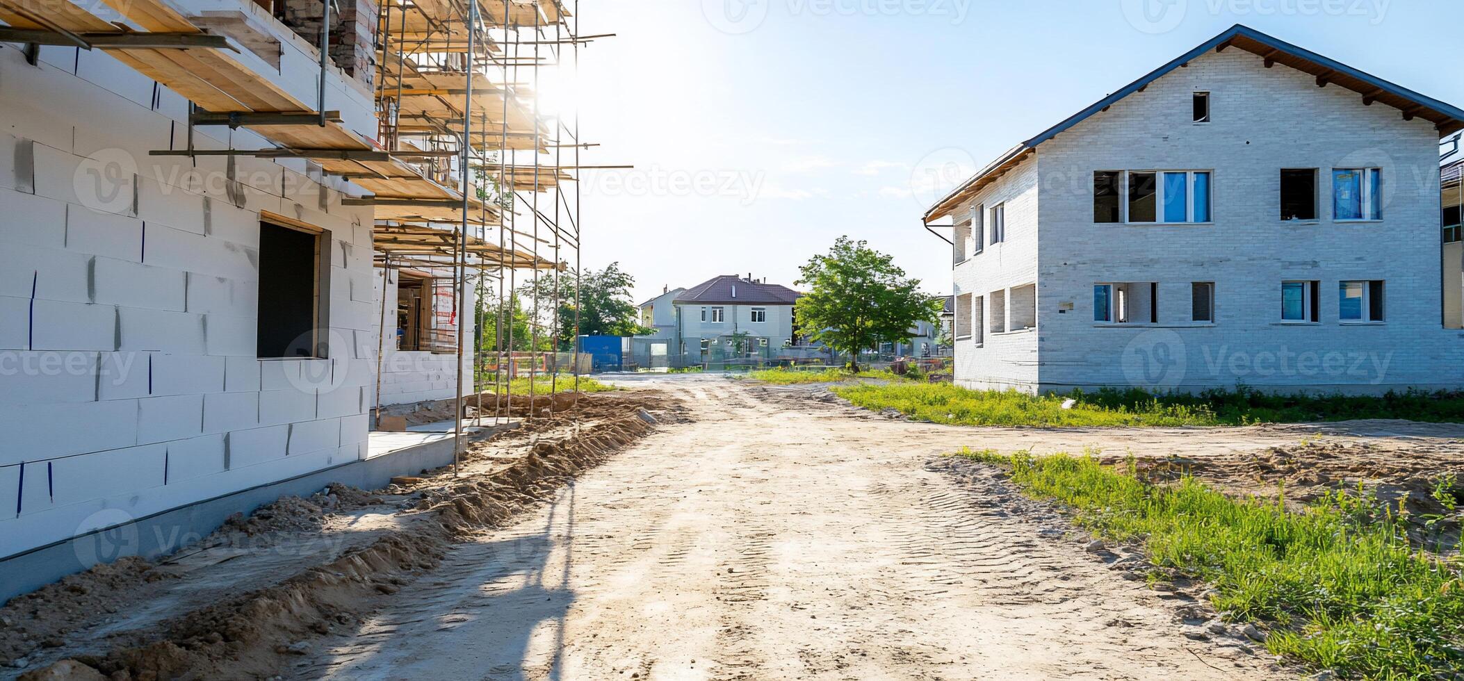 A dirt road with a house under construction photo