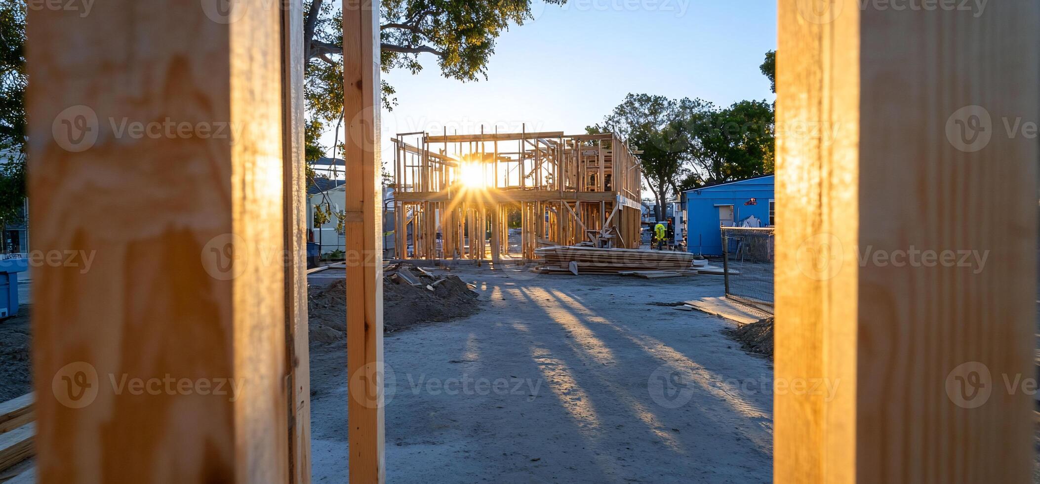 A view of a construction site with the sun setting behind it photo