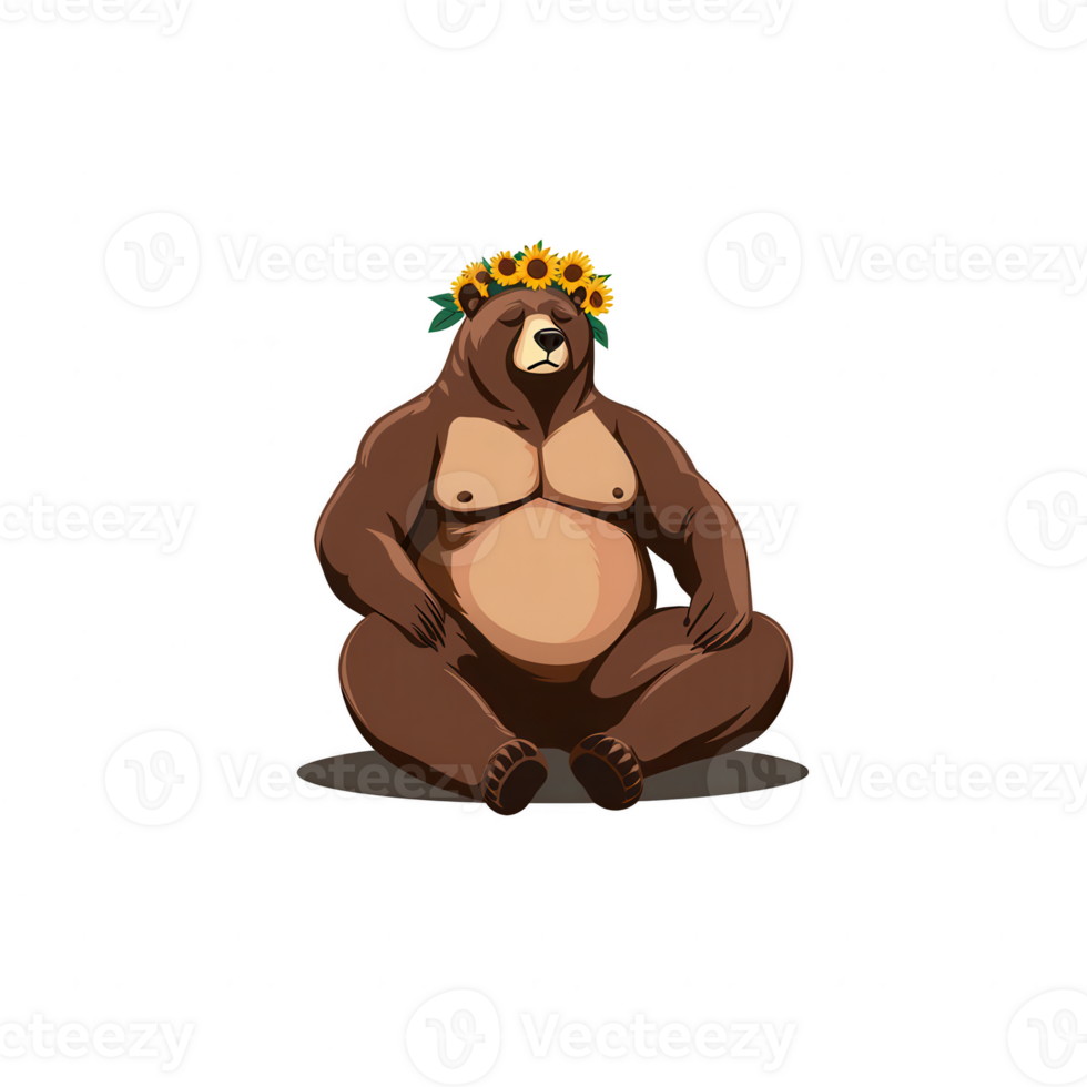 A whimsical cartoon bear sitting in a relaxed pose, adorned with a crown of sunflowers. A playful and cheerful illustration, perfect for various creative projects. png