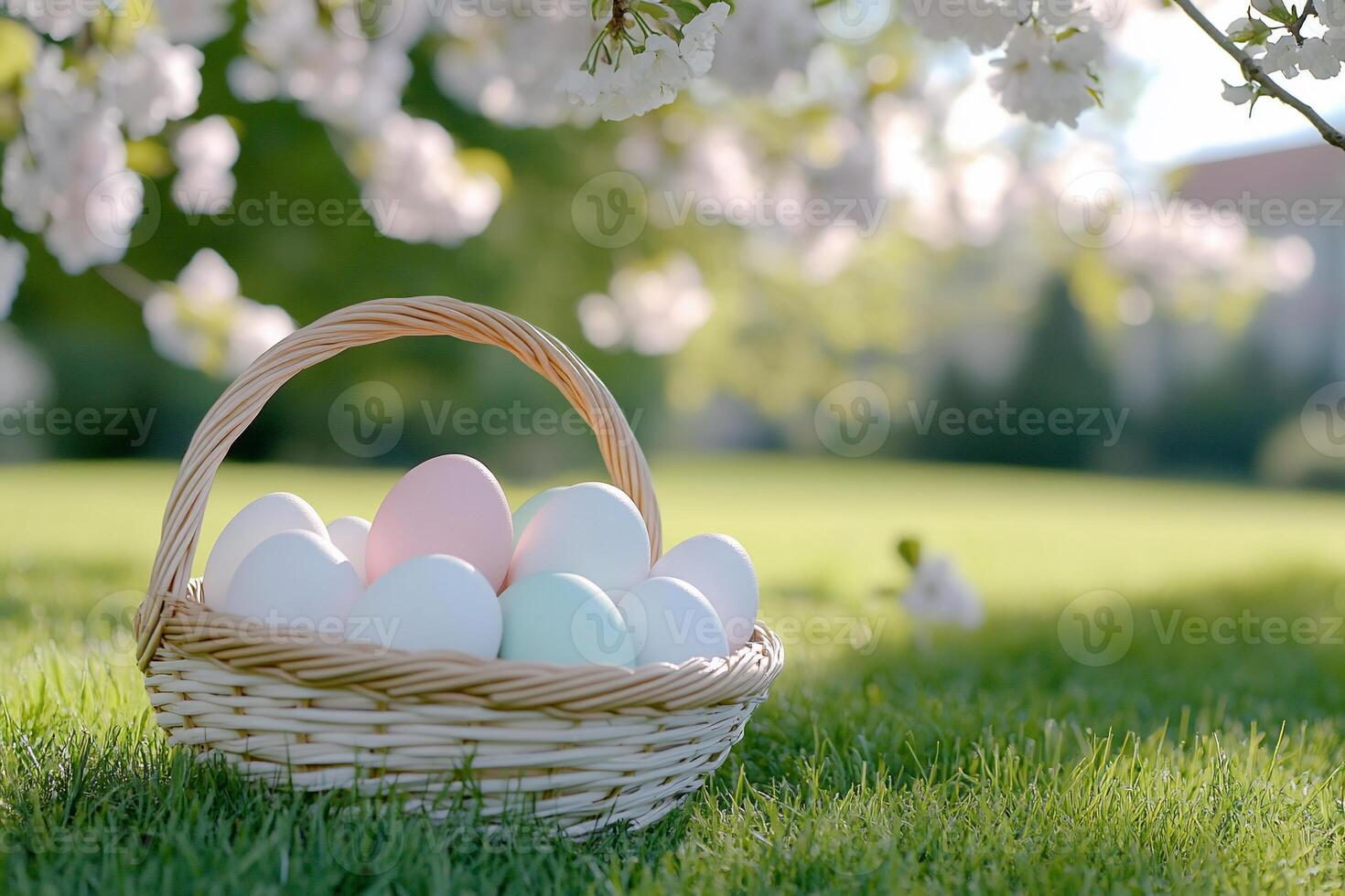 Easter eggs in a basket on the grass photo