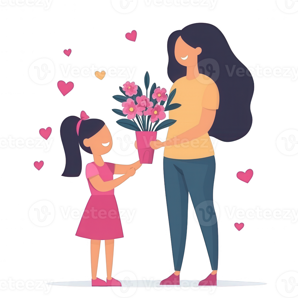 A warm illustration of a mother and daughter sharing a moment, with the daughter giving a bouquet of flowers to her mother, surrounded by hearts, symbolizing love and affection. png