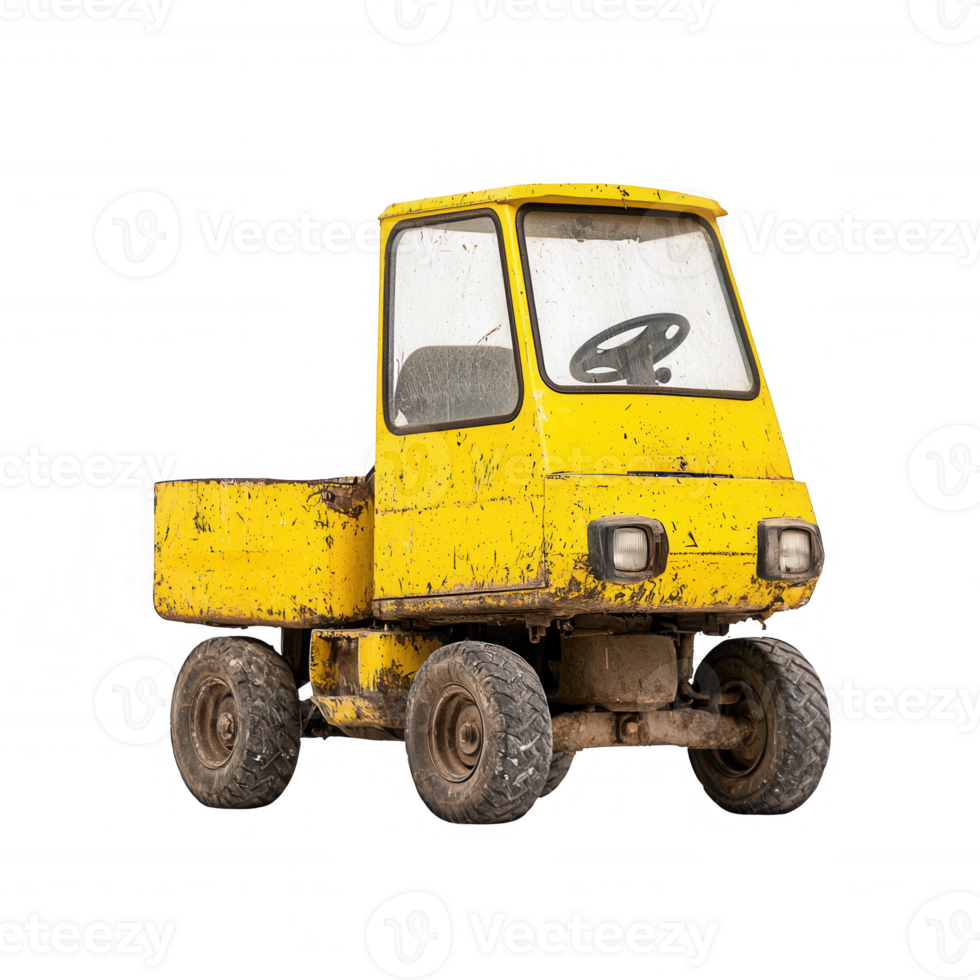 A vintage yellow utility vehicle isolated on a white background, showcasing its weathered texture and unique design, perfect for showcasing aged machinery in a nostalgic setting. png