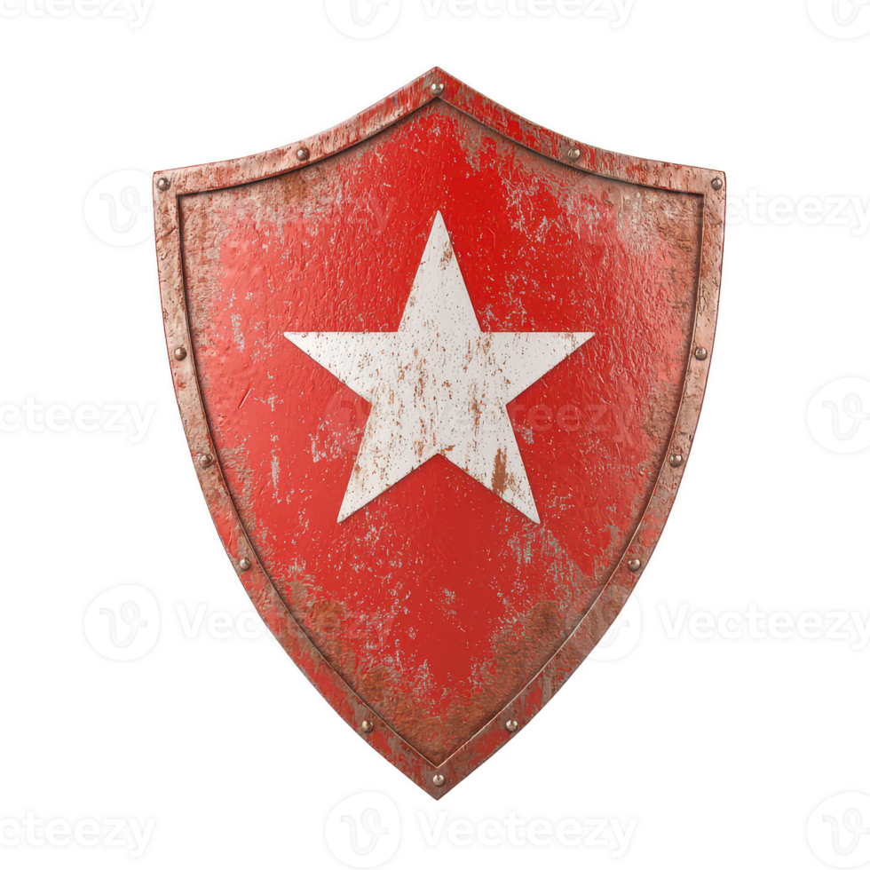 A vintage shield with a red background and white star, featuring a weathered metal texture. Ideal for use in creative designs or as an emblem. png