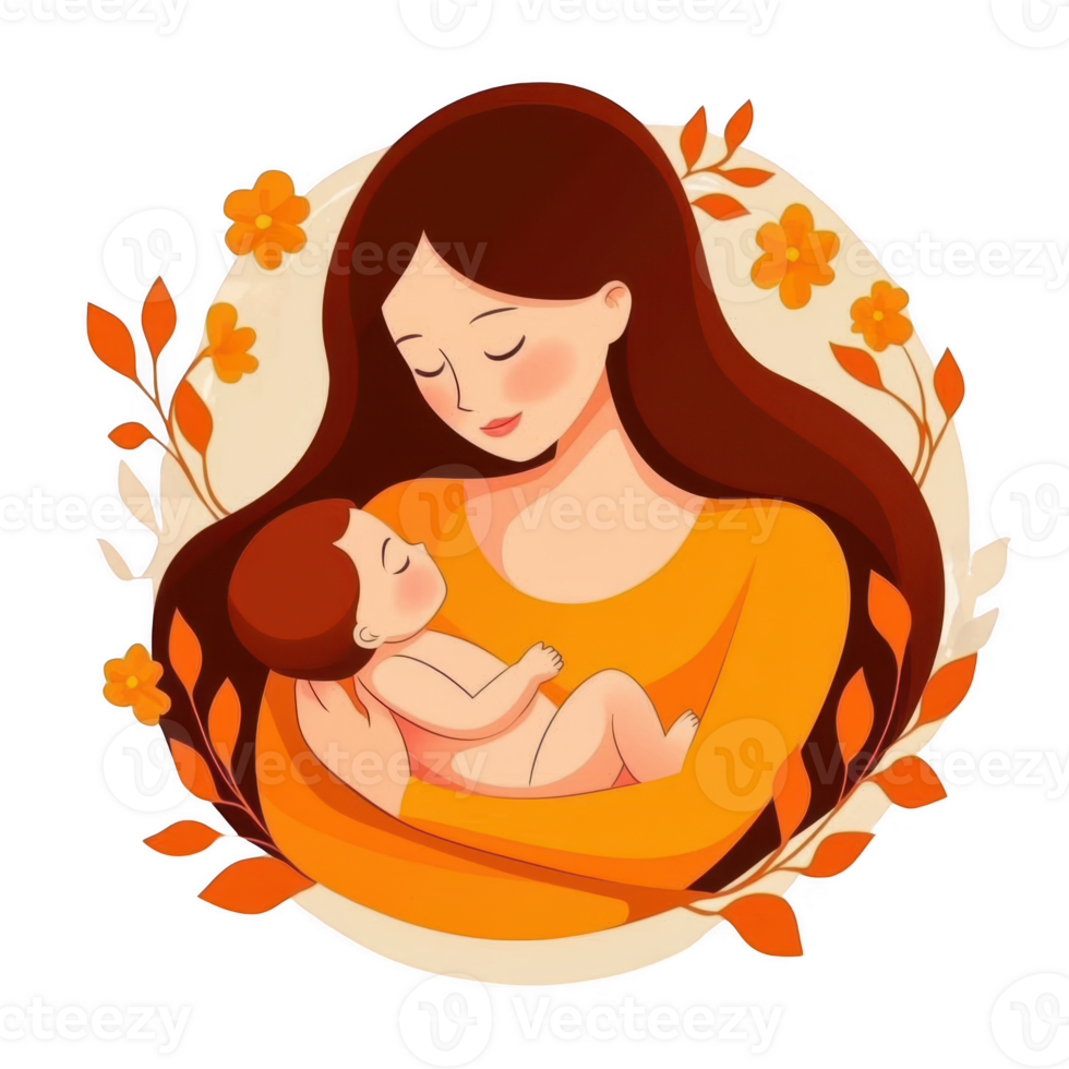 A warm illustration of a mother lovingly holding her baby, surrounded by autumn leaves and flowers, expressing deep affection and connection in a serene environment. png