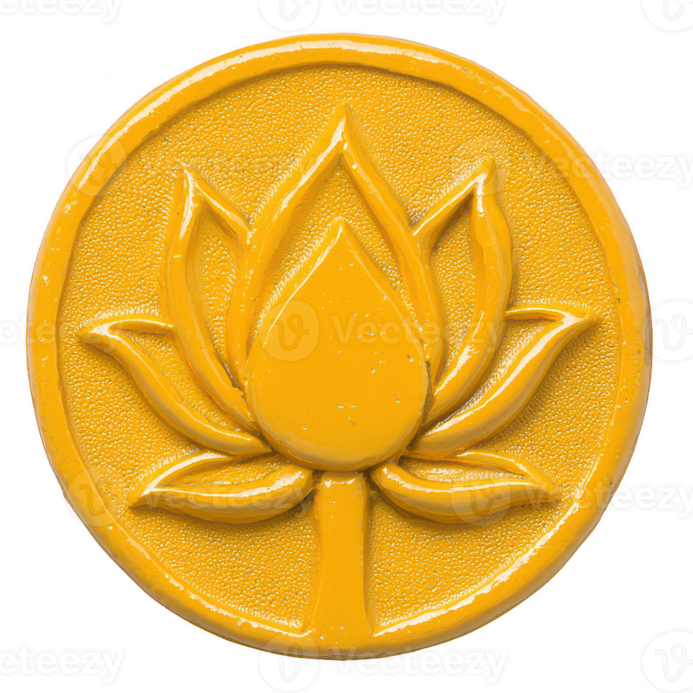 A vibrant yellow lotus flower emblem represented in a circular design, symbolizing purity and enlightenment, used in cultural and spiritual contexts. png