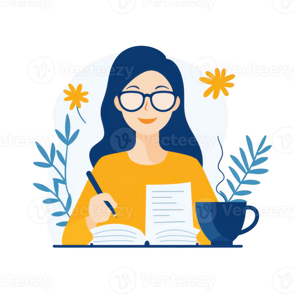 A woman with glasses writing in a notebook, surrounded by leaves and flowers, enjoying a cup of coffee. Ideal for studying, creativity, and relaxation themes. png