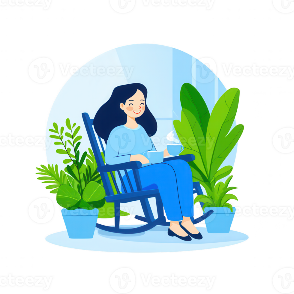A woman sitting comfortably in a rocking chair, enjoying a cup of coffee surrounded by lush green plants, creating a serene and relaxing atmosphere. png