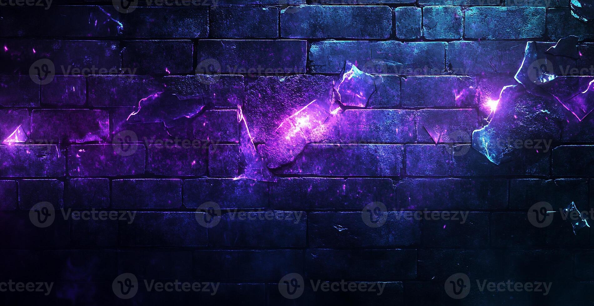 A purple wall with some broken bricks photo