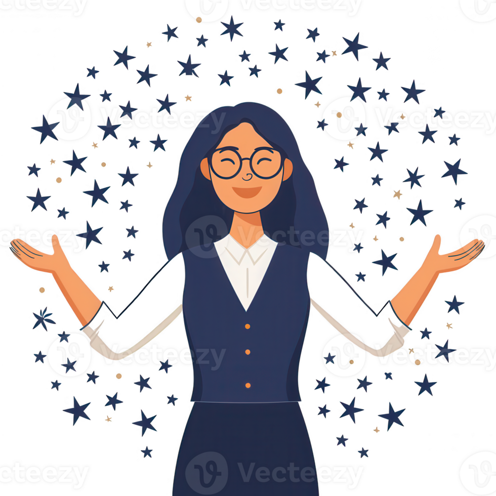 A woman with glasses stands confidently, arms open wide, surrounded by colorful stars, illustrating positivity and empowerment. png