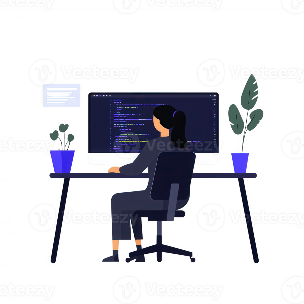 un mujer trabajando a un escritorio con un computadora, mostrando código en el pantalla. un sereno espacio de trabajo con plantas, promoviendo un calma y productivo ambiente. png