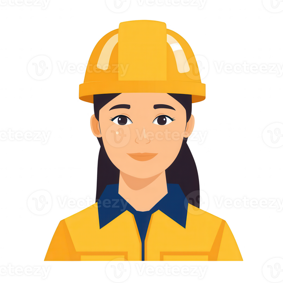 A young woman wearing a yellow hard hat and safety clothing, representing construction and safety in the workforce. png