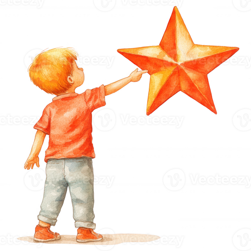 A young child reaching for a bright, orange star, embodying wonder and aspiration. The illustration captures the essence of childhood dreams and imagination. png