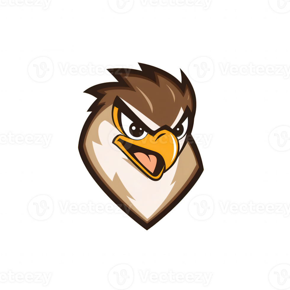 An expressive and fierce bird logo with a stylized design, featuring bold colors and sharp features, set against a white isolated background. png