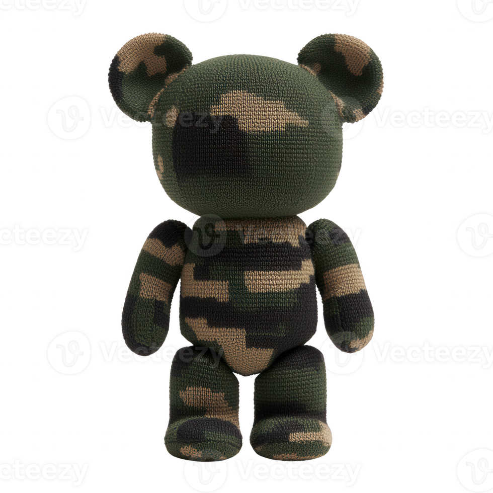 Adorable camouflage teddy bear toy, features unique military pattern, perfect for collectors and children's play, isolated on a white background for easy viewing. png