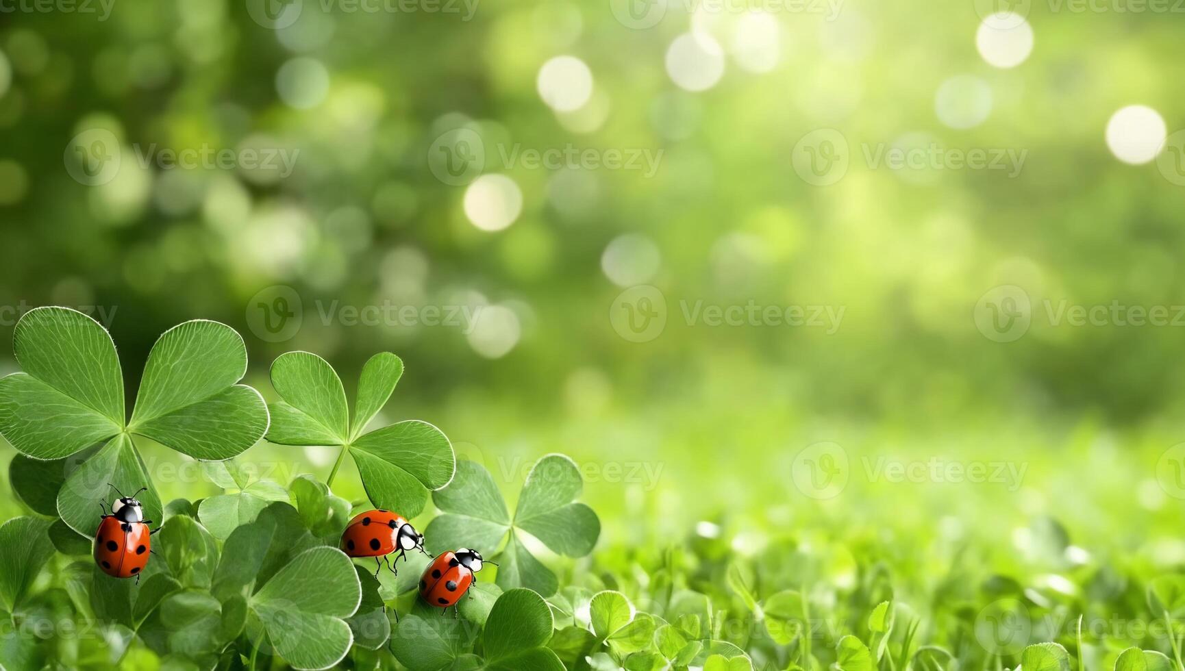 Ladybugs on green grass with clover leaves photo