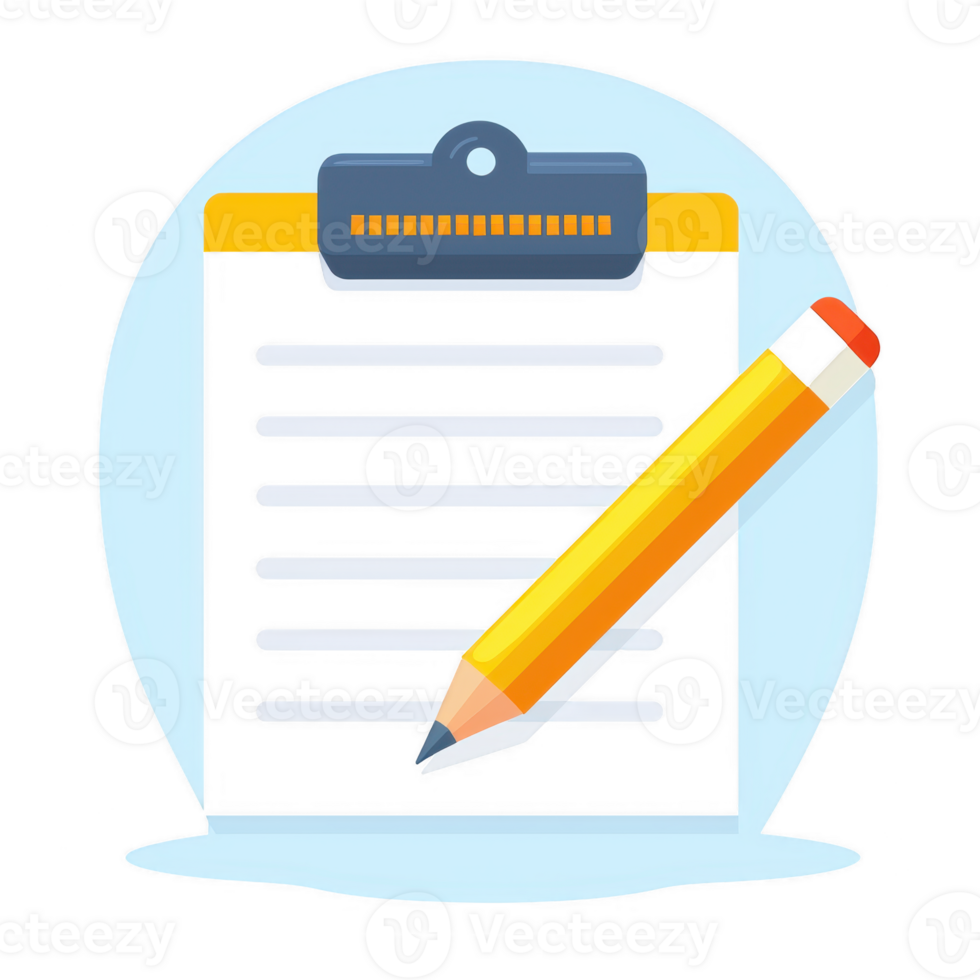 An illustration of a clipboard with a notepad and a pencil placed on a light blue background, perfect for representing tasks, organization, and productivity. png