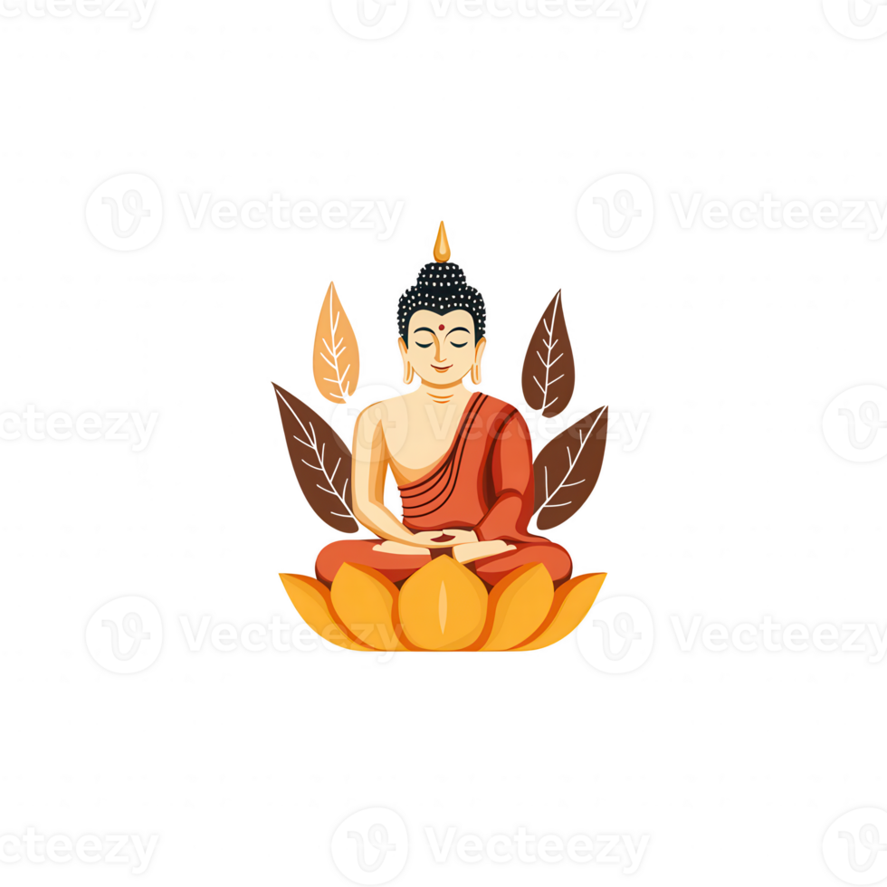 Buddha sitting peacefully on a lotus flower, surrounded by leaves, symbolizing enlightenment and tranquility, perfect for meditation and spiritual themes. png