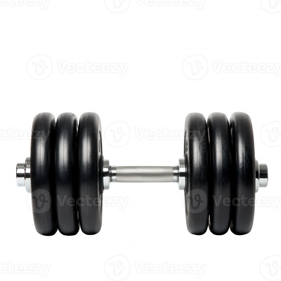 Black adjustable dumbbell isolated on a white background, ideal for fitness, strength training, and bodybuilding activities. png
