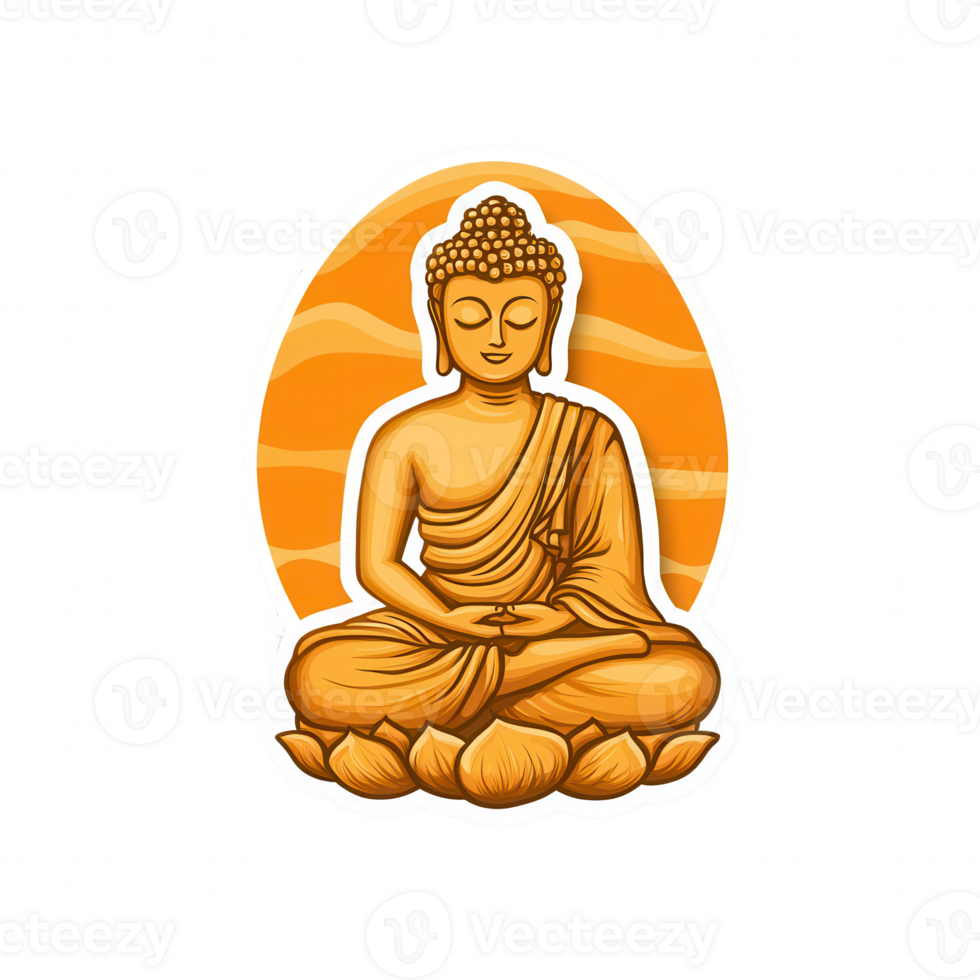 Buddha sculpture in serene meditation pose, surrounded by lotus flowers, against a vibrant orange background, symbolizing peace and tranquility. png