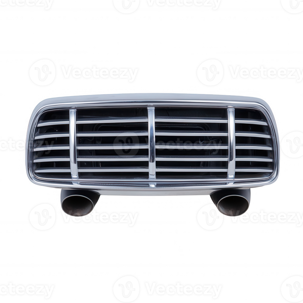 Car front grill with dual exhaust pipes, showcasing a sleek and modern design, isolated on a white background. png