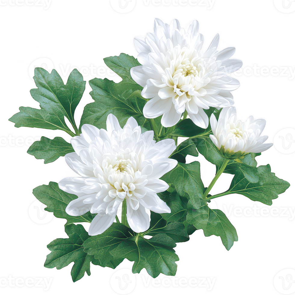 Beautiful white chrysanthemums with lush green leaves, perfect for decorative purposes or floral arrangements, isolated on a white background. png