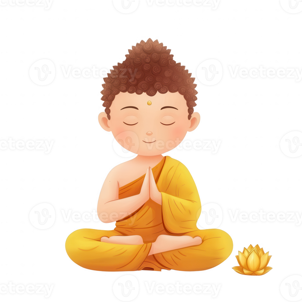 Cartoon illustration of a serene young monk sitting in a meditative pose, wearing an orange robe, with closed eyes and hands in prayer position beside a lotus flower. png