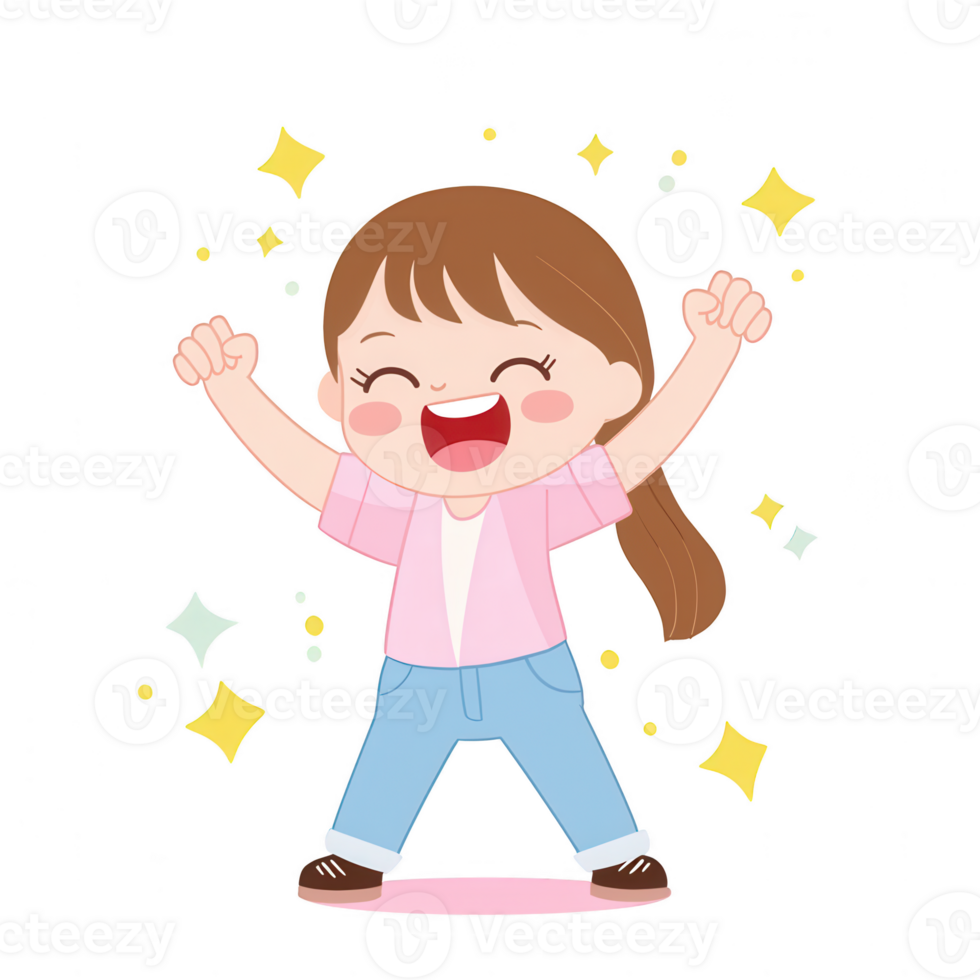 Cheerful child celebrating success with joyful expressions, surrounded by sparkling stars, representing happiness and positivity. png