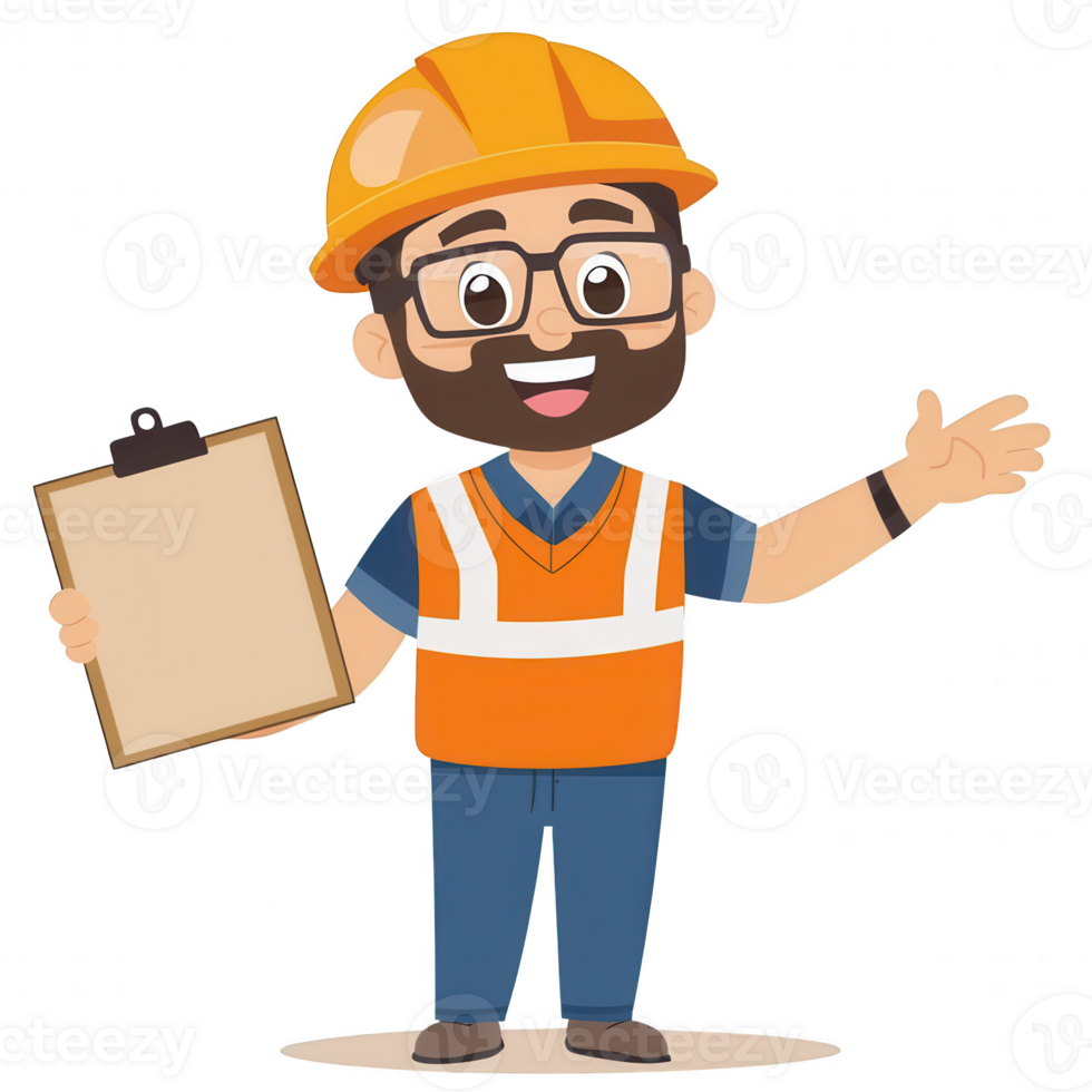 Cartoon construction worker smiling, wearing safety helmet and reflective vest, holding a clipboard, white isolate background. png