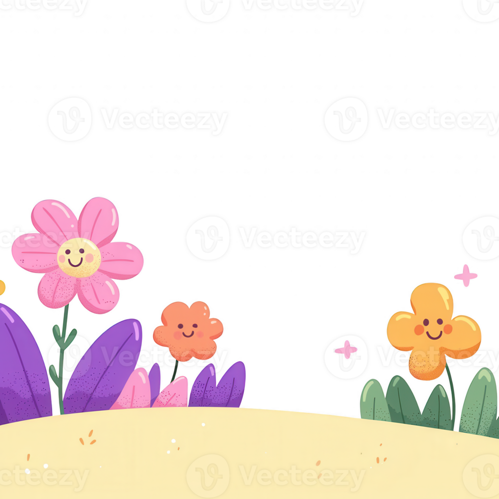 Cheerful and vibrant flowers with smiling faces on a sunny landscape, perfect for adding a playful touch to designs. png