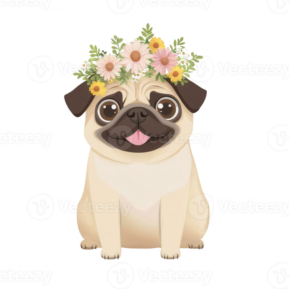 Cheerful pug dog wearing a flower crown, sitting happily. Perfect for springtime themes and pet-related projects. png