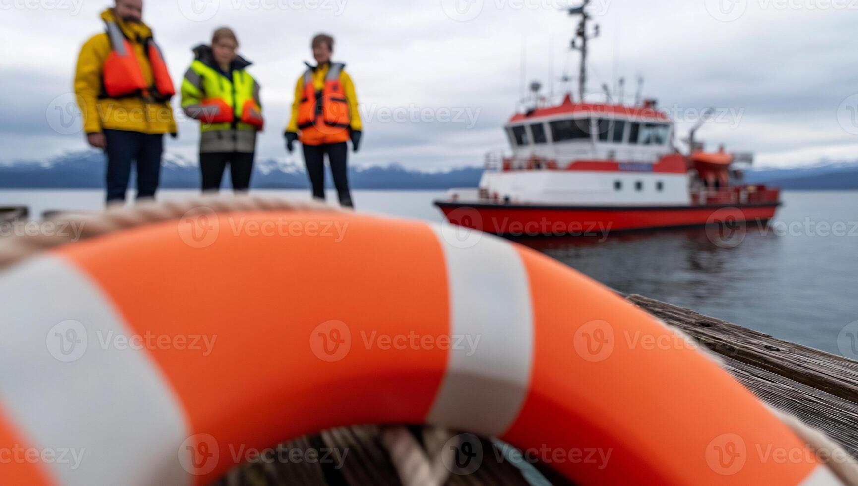 Three people standing on a dock with an orange life preserver photo