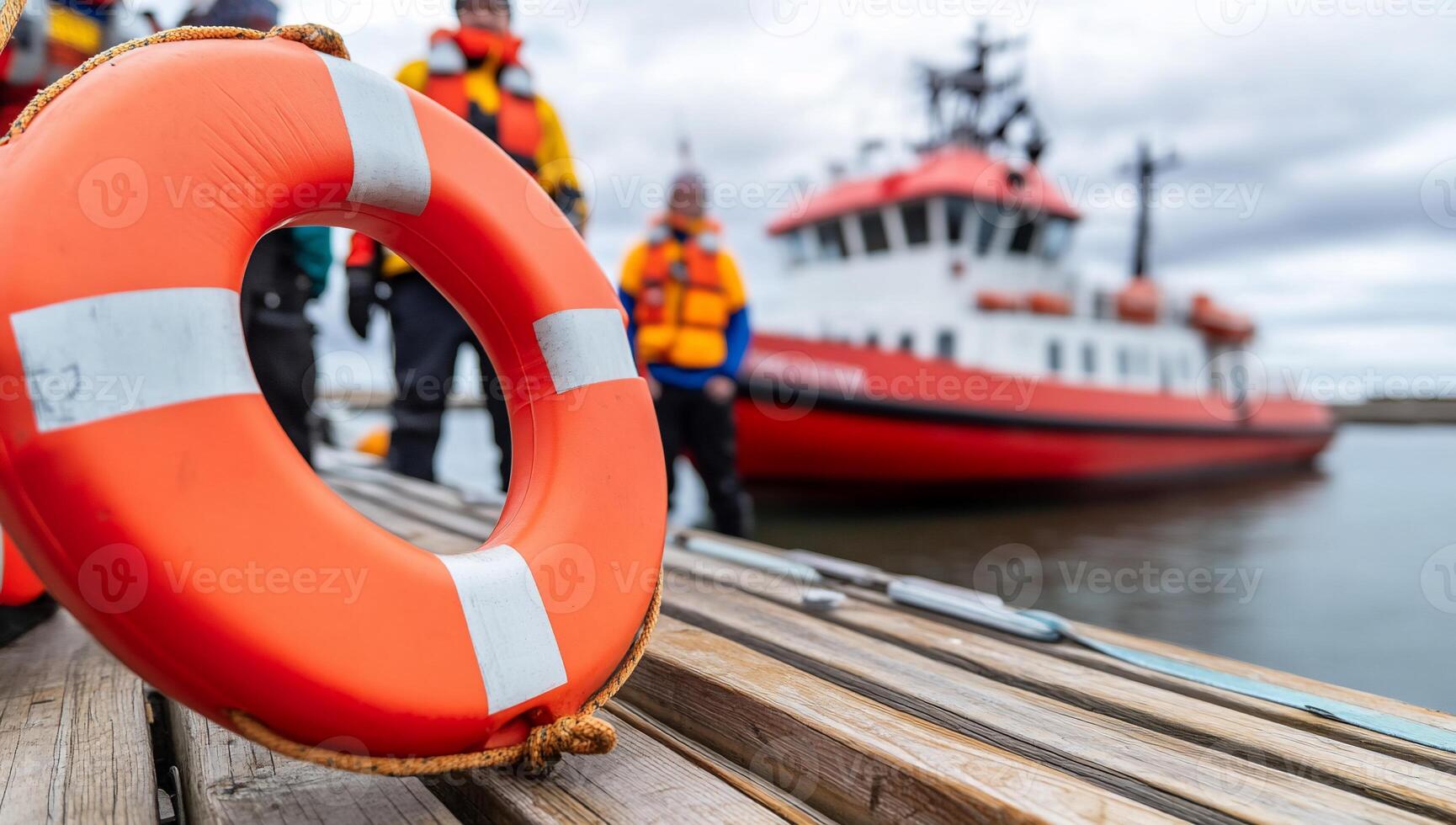 A life preserver on a dock next to a boat photo