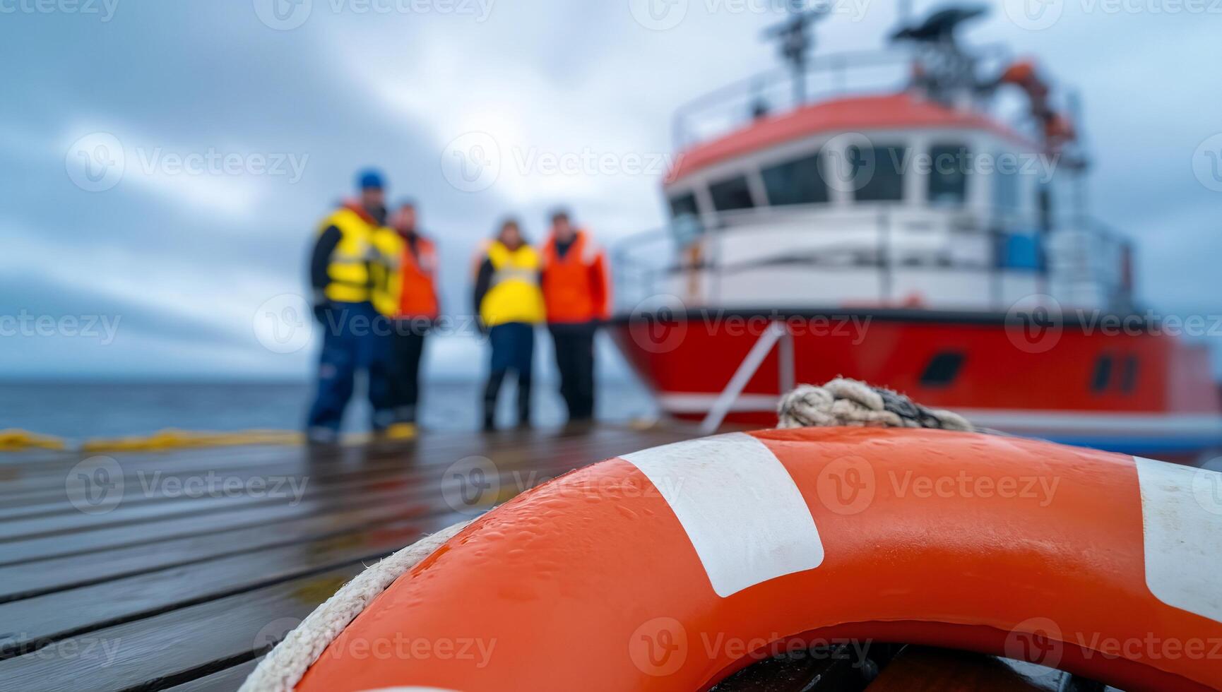 A life preserver on a dock with people standing around photo
