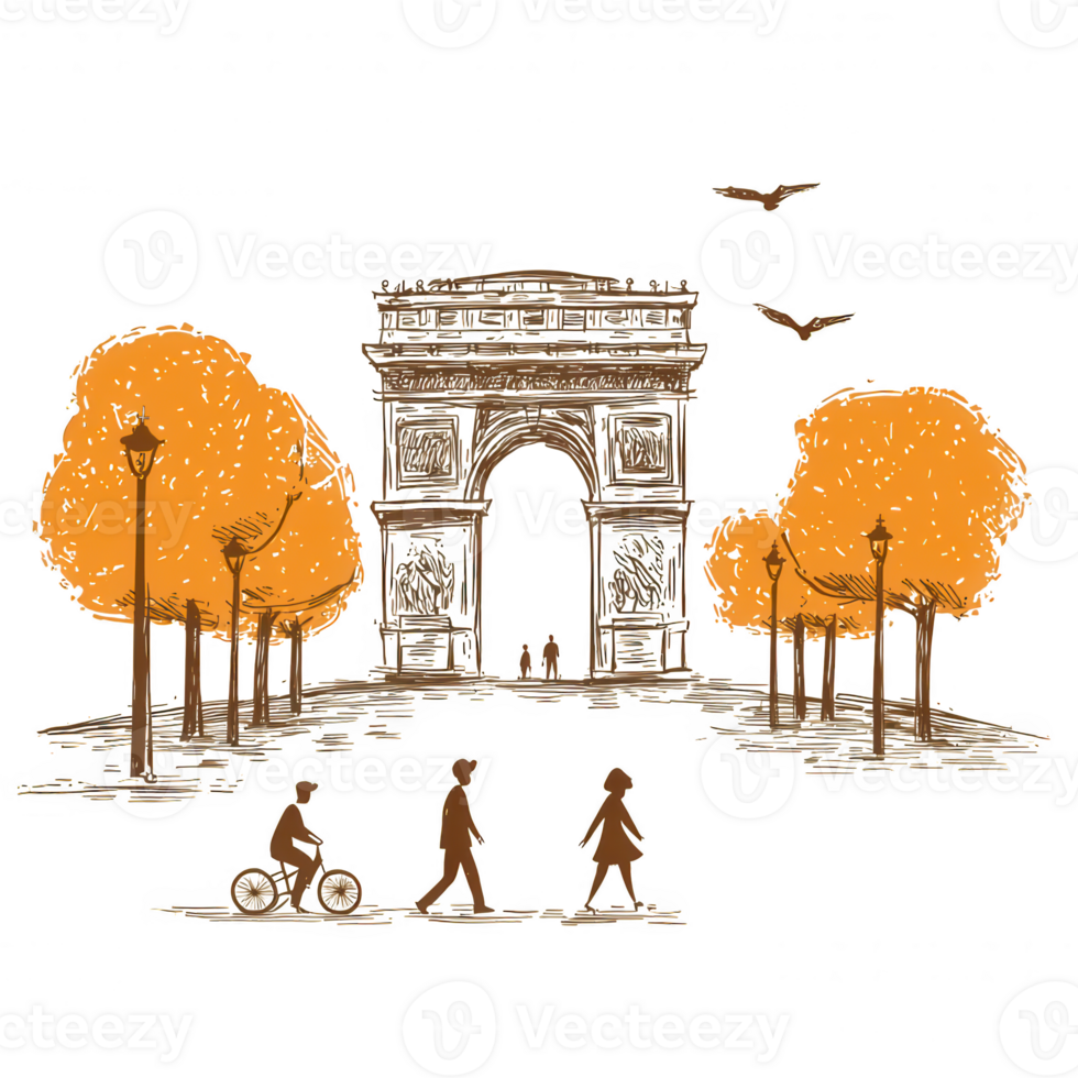 Charming illustration of a historic archway surrounded by autumn trees and pedestrians, conveying a serene fall atmosphere. png