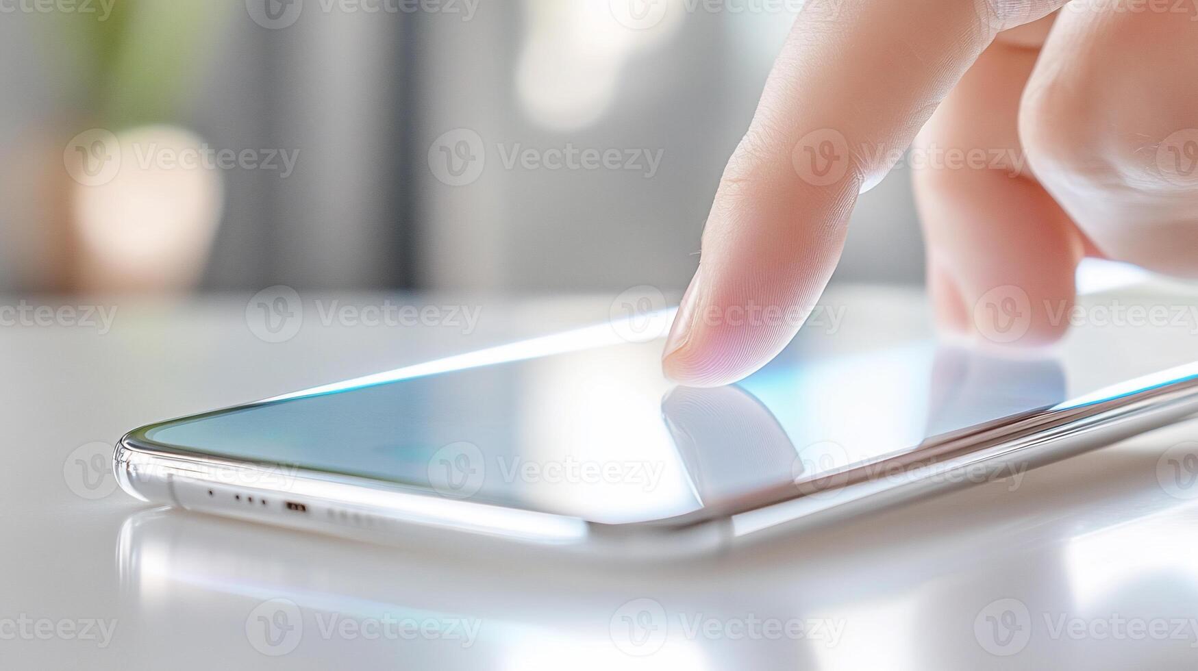 A person touching a smartphone screen with their finger photo