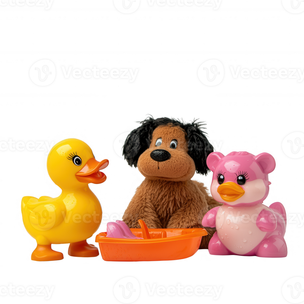 Colorful and playful plastic toy characters, including a yellow duck, brown dog, and pink bear, arranged in a cheerful scene with a toy boat, set against a white background. png