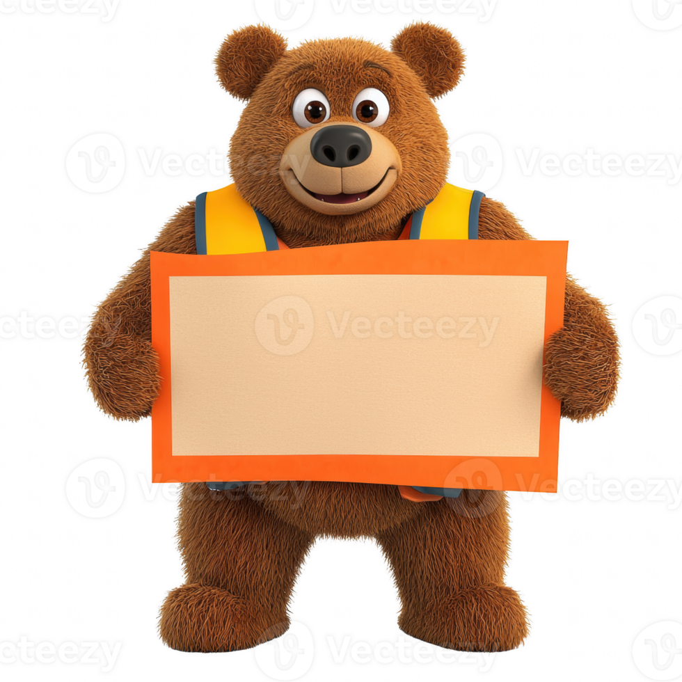 Cheerful cartoon bear character with a friendly smile, wearing a backpack, holding a blank sign. Ideal for children's content or educational materials. png