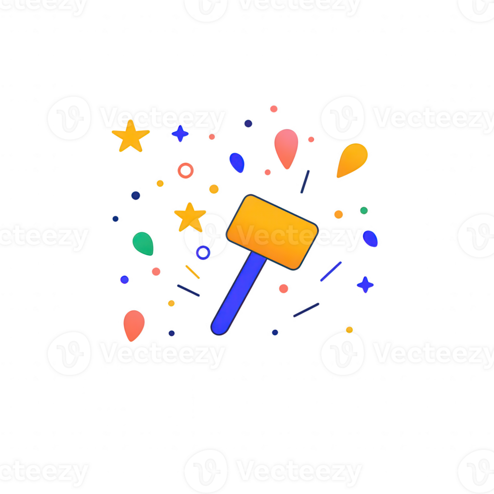 Colorful illustration featuring a playful hammer surrounded by stars and balloons, perfect for party themes and celebrations, on a white isolated background. png