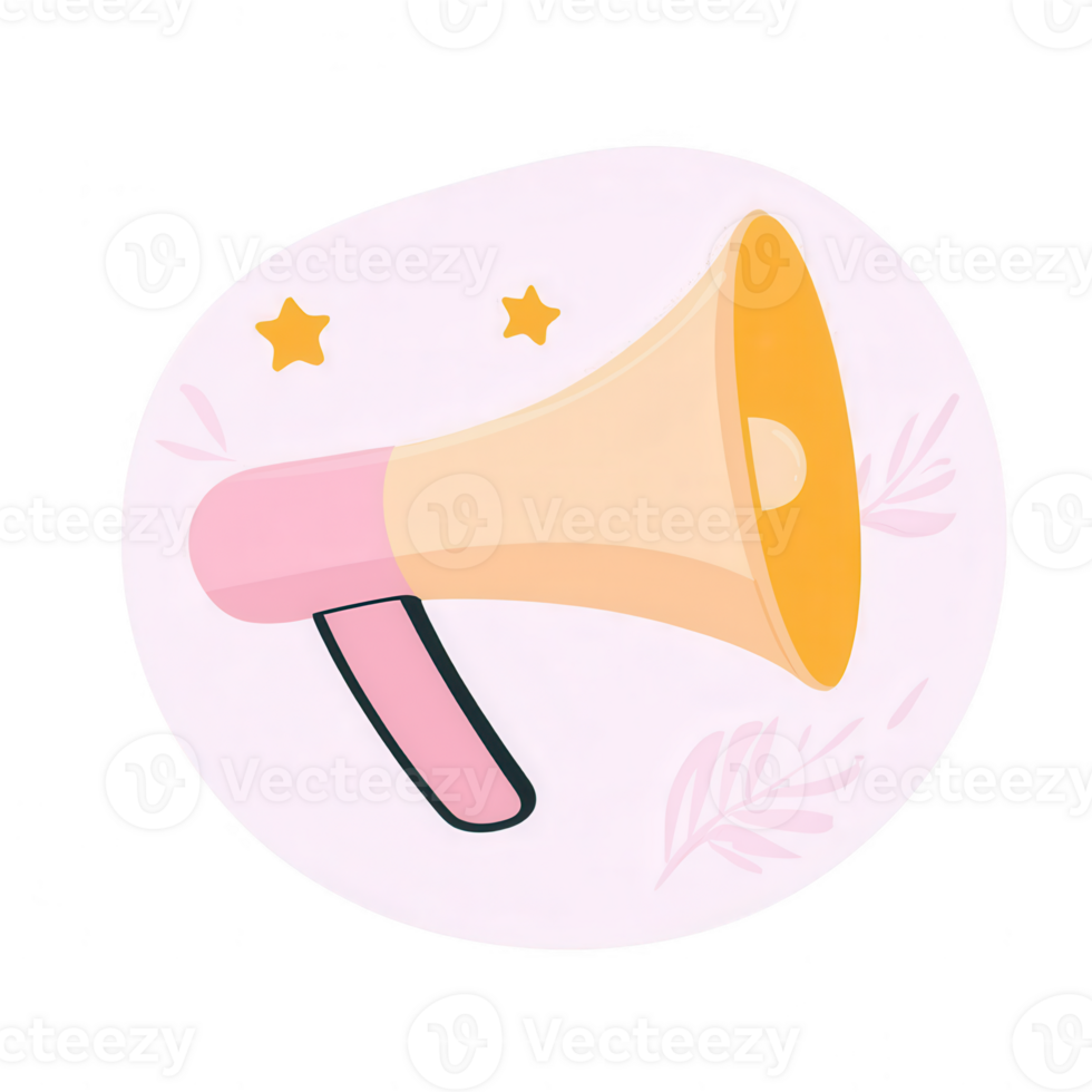 Colorful megaphone illustration on a soft pink background, perfect for announcements, events, or communication themes. png